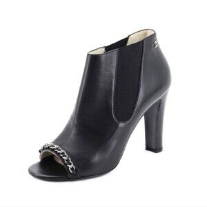 Chanel Women's Chain Peep Open Toe Booties Leather Black Lambskin